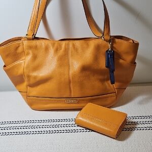 Coach Orange Leather Tote Bag and Matching Wallet